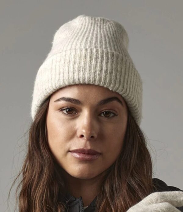 WH-BLANK-BN-UN-AlmondMarl-model-front Cosy Ribbed Beanie, Almond Marl