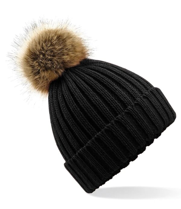 WH-BLANK-BN-UN-Black-front Faux Fur Pop Pom Chunky Beanie