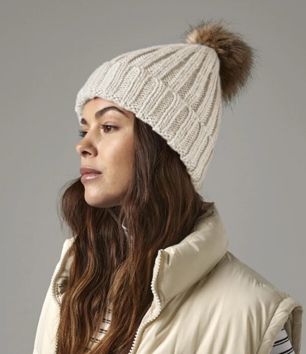 WH-BLANK-BN-UN-Oatmeal-model-right Faux Fur Pop Pom Chunky Beanie