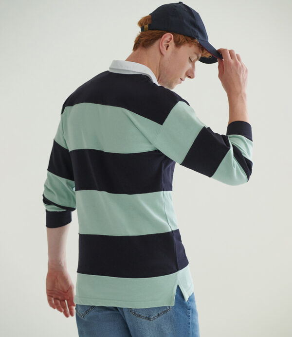 WH-BLANK-RG-UN-DuckEggNavy-model-back Striped Rugby Shirt