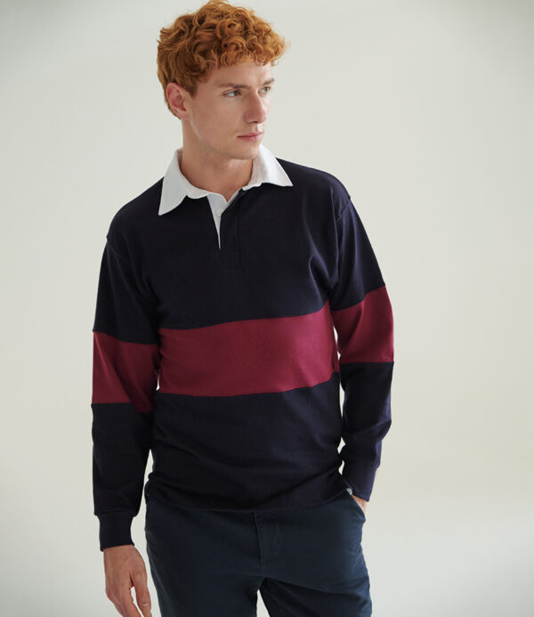WH-BLANK-RG-UN-NavyBurgundy-model-front Panelled Rugby Shirt