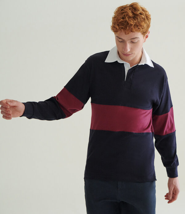 WH-BLANK-RG-UN-NavyBurgundy-model-right Panelled Rugby Shirt