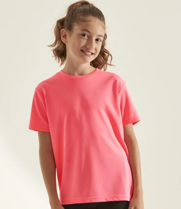 WH-BLANK-TS-KD-ElectricPink-model-front Kids Sport Tshirt, Electric Pink