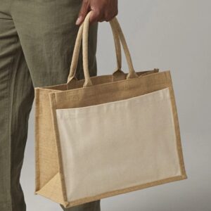 WH-BLANK-TT-UN-Natural-model-front Jute Pocket Shopper, Natural