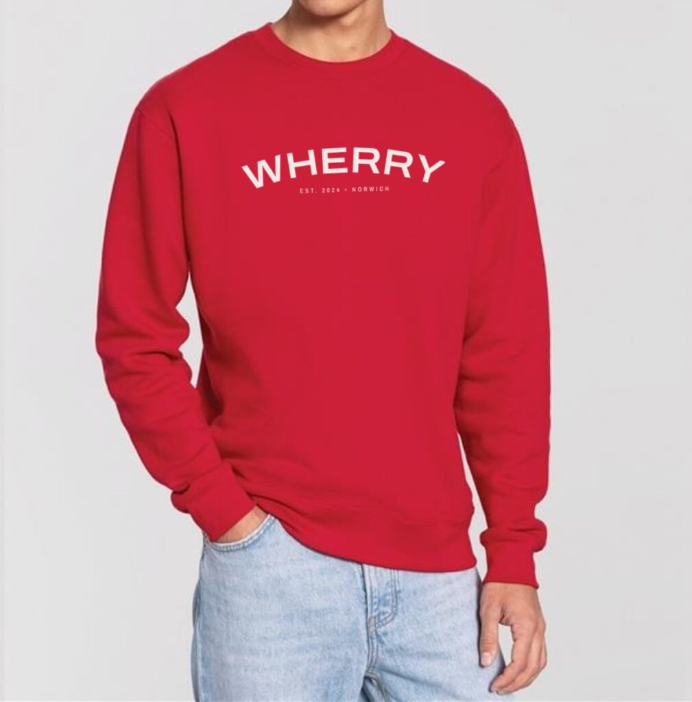 Home page, red sweatshirt with the WHERRY print